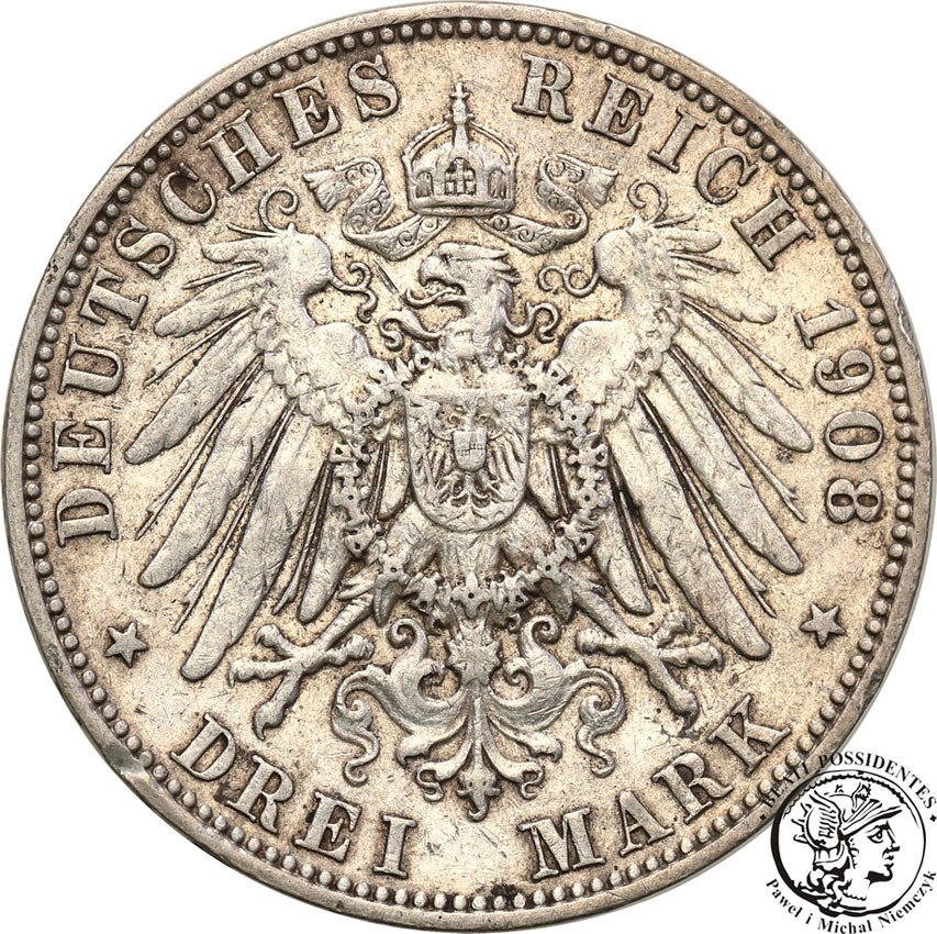 Niemcy, Saksonia. 3 marki 1908 E